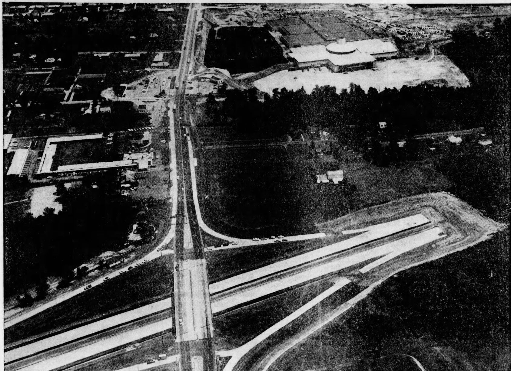 Aerial view of highways leading to the mall